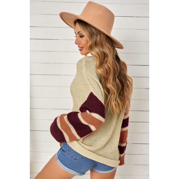 Apricot Striped Raglan Sleeve Drop Shoulder Sweater