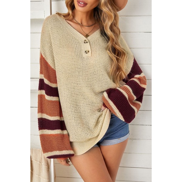 Apricot Striped Raglan Sleeve Drop Shoulder Sweater