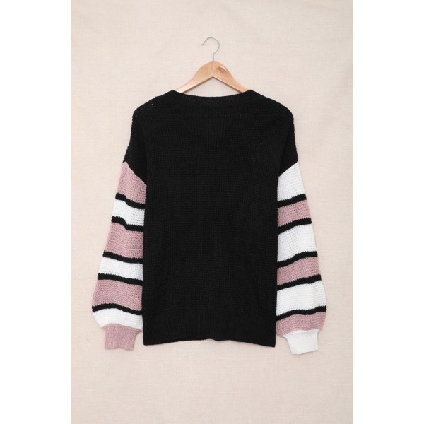 Black Striped Raglan Sleeve Drop Shoulder Sweater