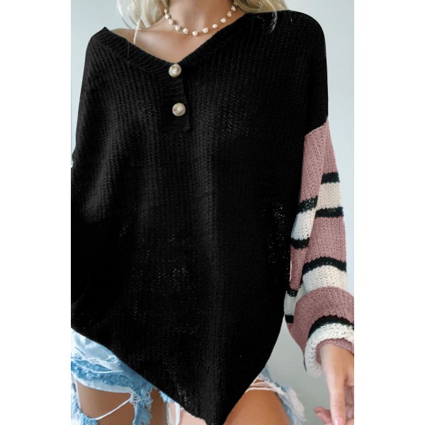 Black Striped Raglan Sleeve Drop Shoulder Sweater