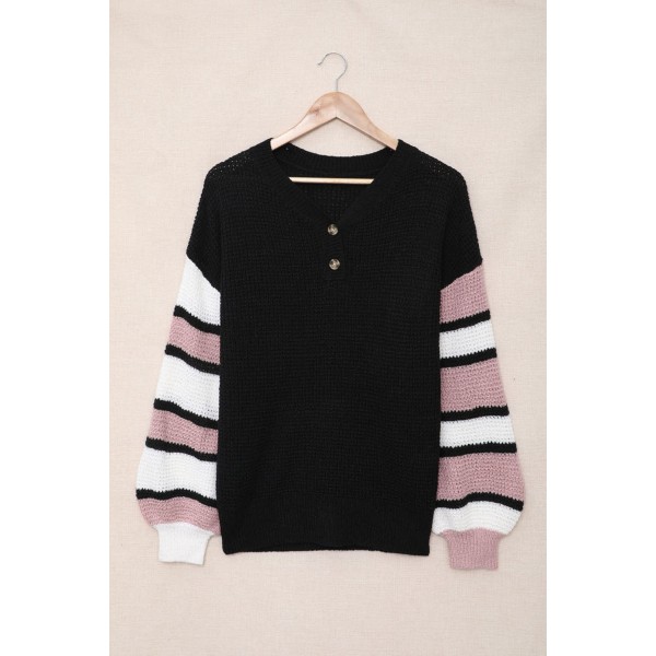 Black Striped Raglan Sleeve Drop Shoulder Sweater