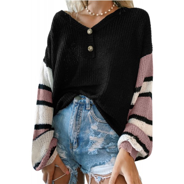 Black Striped Raglan Sleeve Drop Shoulder Sweater