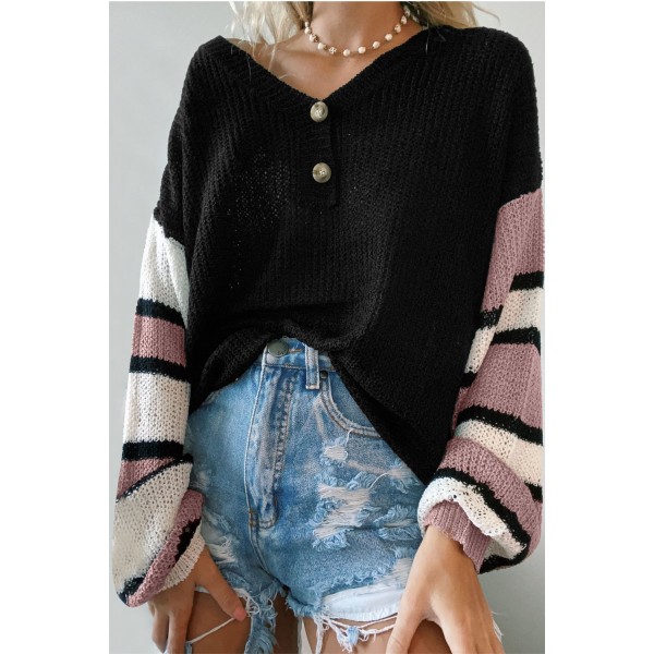 Black Striped Raglan Sleeve Drop Shoulder Sweater
