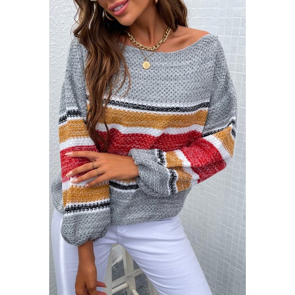 Gray Color Block Knitted Drop Shoulder Pullover Sweater