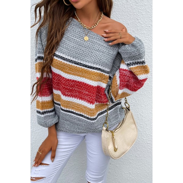 Gray Color Block Knitted Drop Shoulder Pullover Sweater