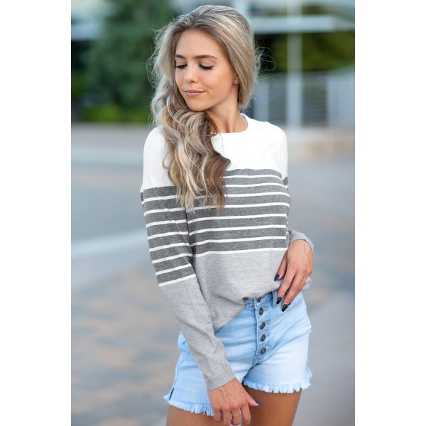 Gray Striped Colorblock Sweater
