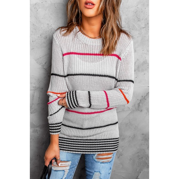 Gray Ribbed Knit Striped Sweater