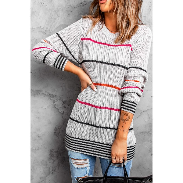 Gray Ribbed Knit Striped Sweater