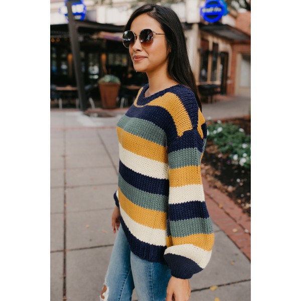 Blue Striped Puff Sleeve Knitted Pullover Sweater