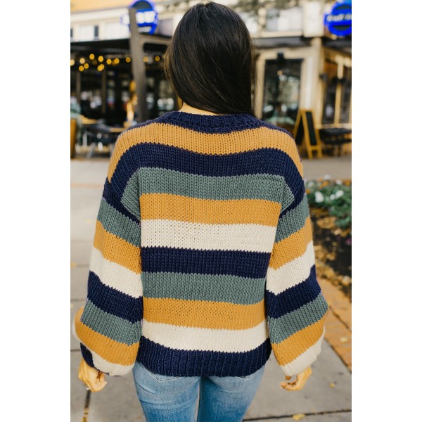 Blue Striped Puff Sleeve Knitted Pullover Sweater