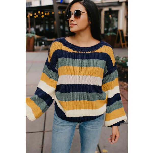 Blue Striped Puff Sleeve Knitted Pullover Sweater