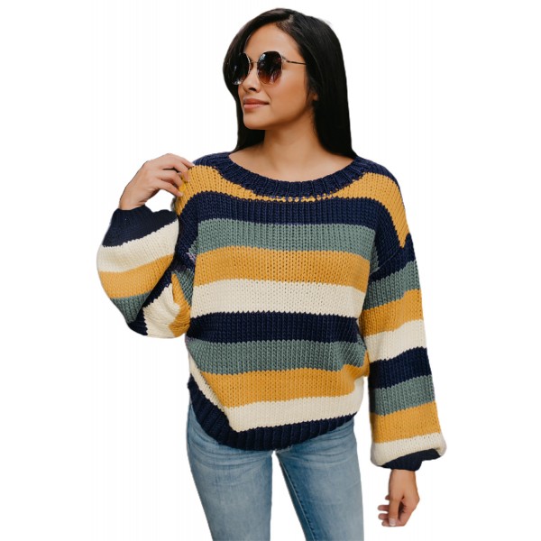 Blue Striped Puff Sleeve Knitted Pullover Sweater