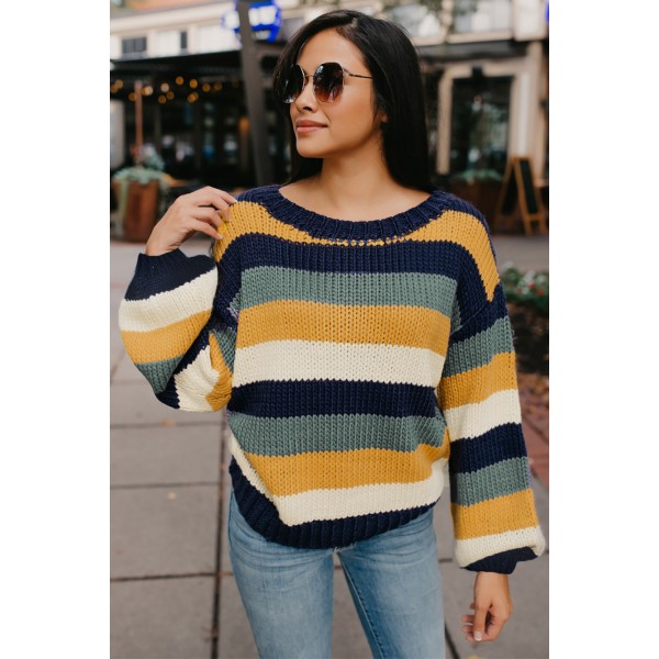 Blue Striped Puff Sleeve Knitted Pullover Sweater