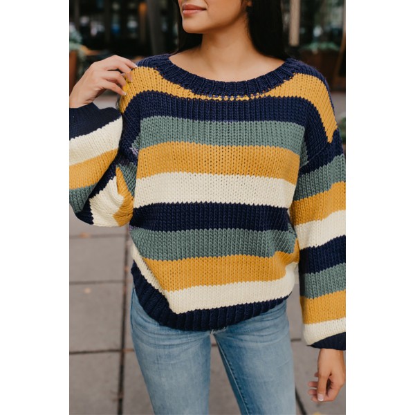 Blue Striped Puff Sleeve Knitted Pullover Sweater