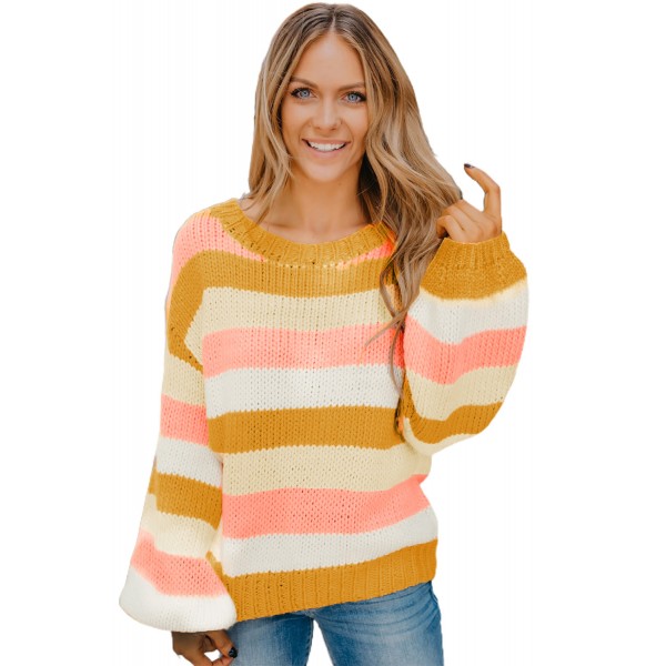 Yellow Striped Puff Sleeve Knitted Pullover Sweater