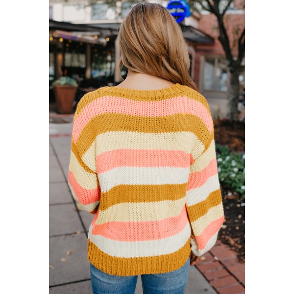 Yellow Striped Puff Sleeve Knitted Pullover Sweater