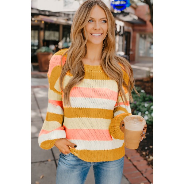 Yellow Striped Puff Sleeve Knitted Pullover Sweater