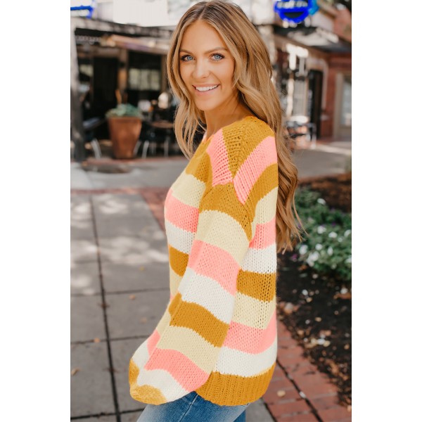 Yellow Striped Puff Sleeve Knitted Pullover Sweater