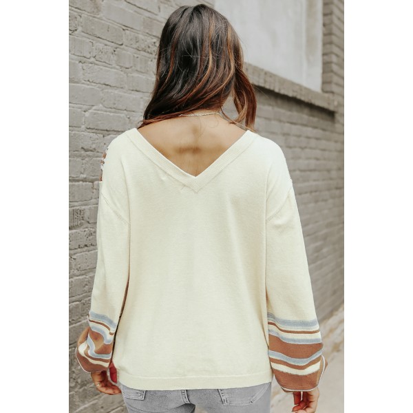 V-Neck Contrast Printed Oatmeal Sweater