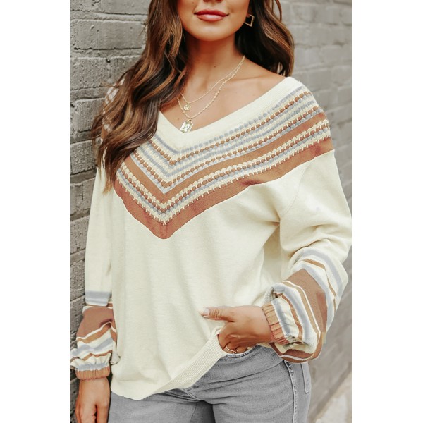 V-Neck Contrast Printed Oatmeal Sweater