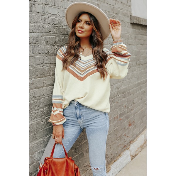 V-Neck Contrast Printed Oatmeal Sweater