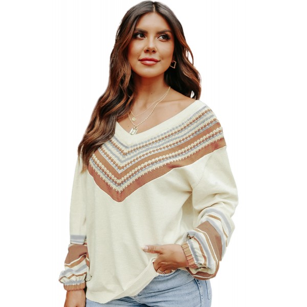 V-Neck Contrast Printed Oatmeal Sweater