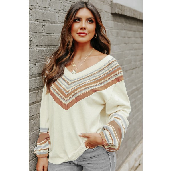 V-Neck Contrast Printed Oatmeal Sweater