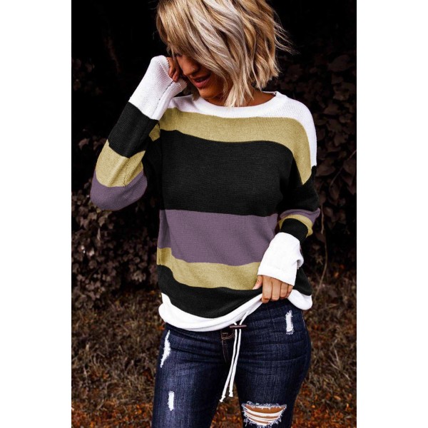 Purple Color Block Knit Sweater