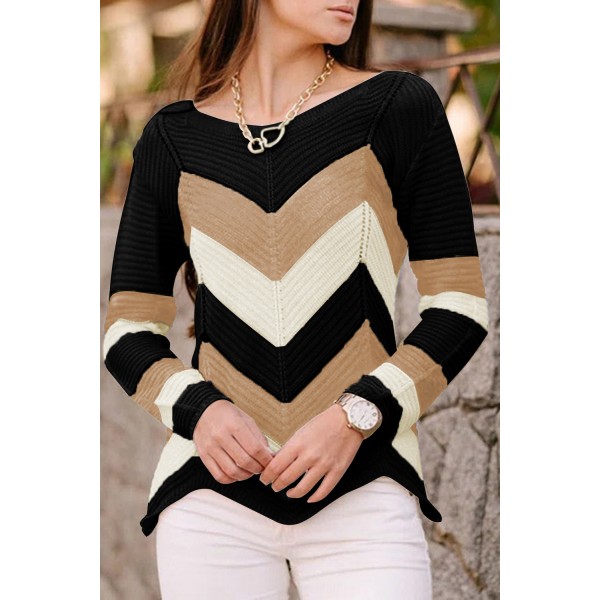 Black Chevron Colorblock Knit Sweater
