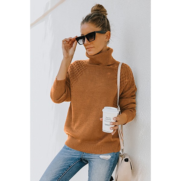 Brown Turtleneck Knitted Pullover Sweater