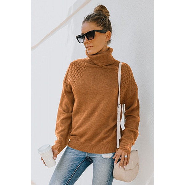 Brown Turtleneck Knitted Pullover Sweater