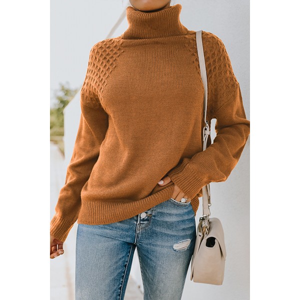 Brown Turtleneck Knitted Pullover Sweater
