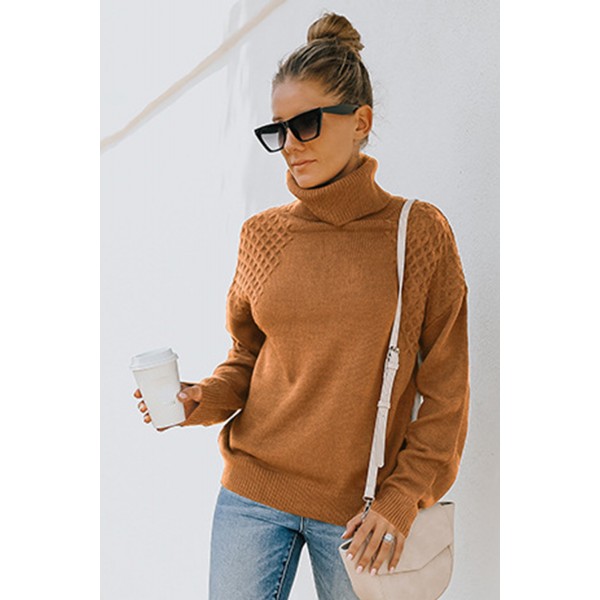 Brown Turtleneck Knitted Pullover Sweater