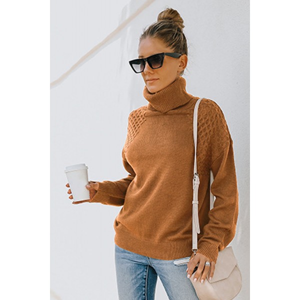 Brown Turtleneck Knitted Pullover Sweater