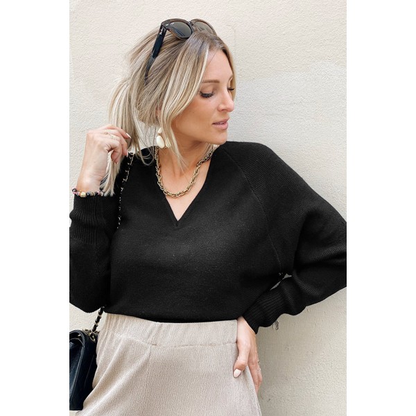 Black V Neck Lace Patch Hollow-out Back Sweater