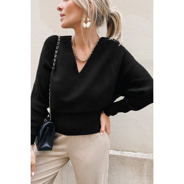 Black V Neck Lace Patch Hollow-out Back Sweater