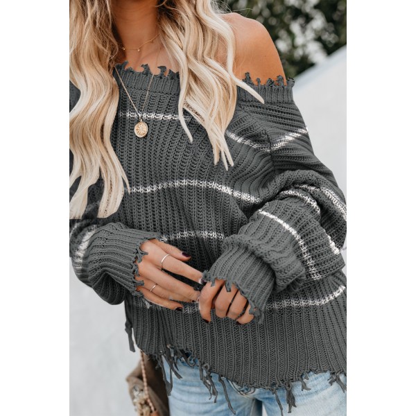 Gray Distressed V Neck Raw Hemline Striped Cropped Sweater