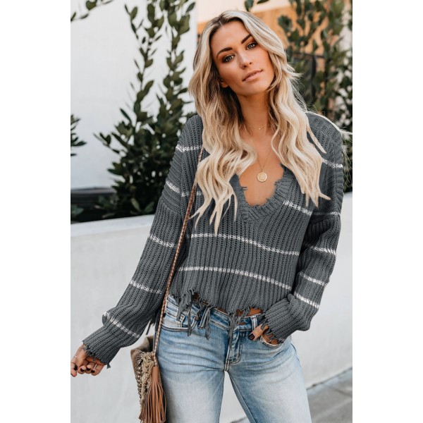 Gray Distressed V Neck Raw Hemline Striped Cropped Sweater