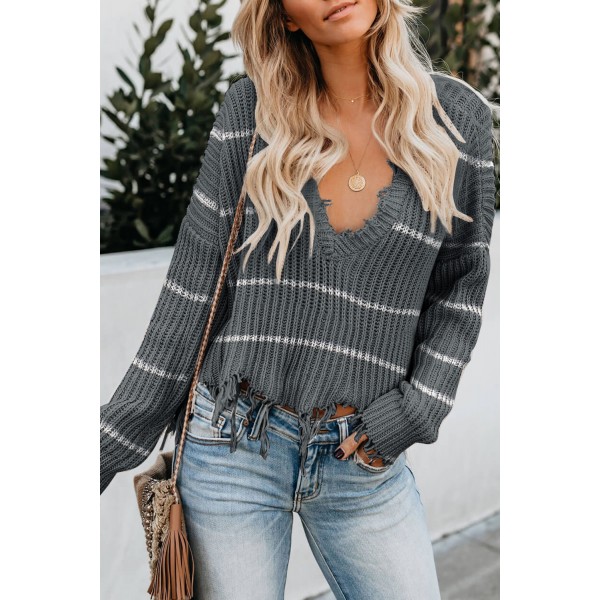 Gray Distressed V Neck Raw Hemline Striped Cropped Sweater
