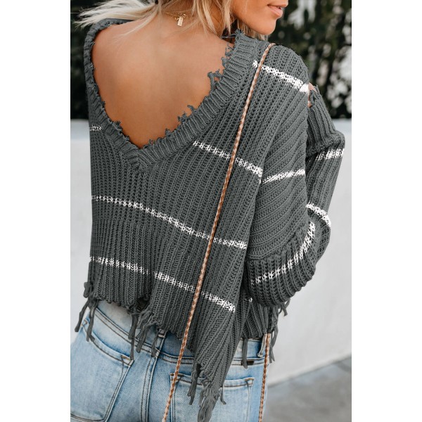 Gray Distressed V Neck Raw Hemline Striped Cropped Sweater