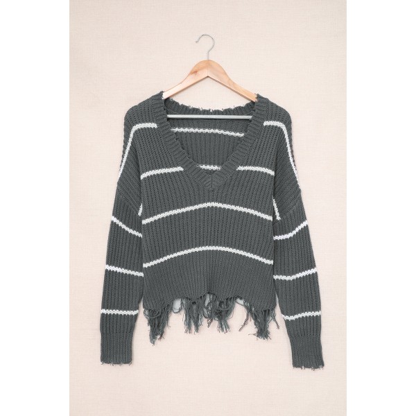 Gray Distressed V Neck Raw Hemline Striped Cropped Sweater