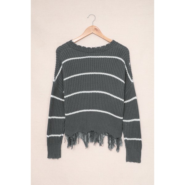 Gray Distressed V Neck Raw Hemline Striped Cropped Sweater