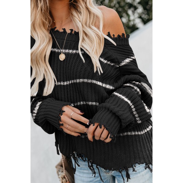 Black Distressed V Neck Raw Hemline Striped Cropped Sweater