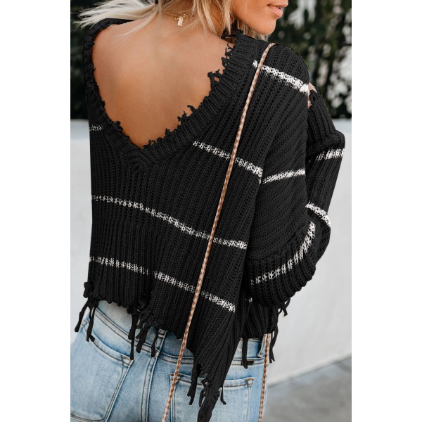 Black Distressed V Neck Raw Hemline Striped Cropped Sweater