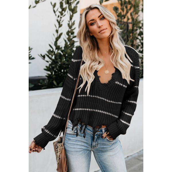 Black Distressed V Neck Raw Hemline Striped Cropped Sweater