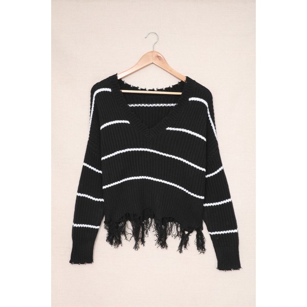 Black Distressed V Neck Raw Hemline Striped Cropped Sweater