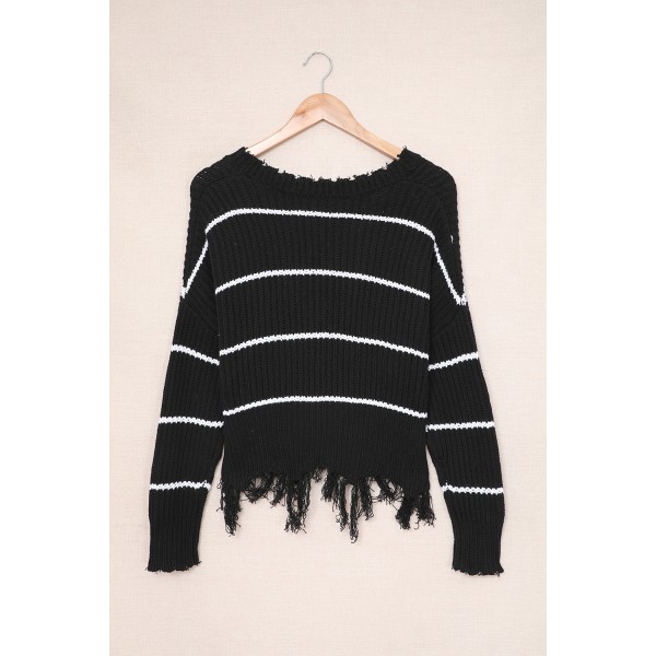 Black Distressed V Neck Raw Hemline Striped Cropped Sweater