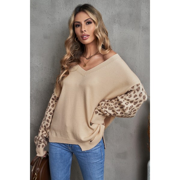 Leopard Raglan Sleeve V Neck Pullover Sweater