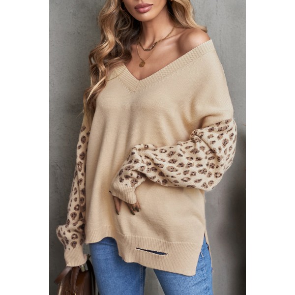 Leopard Raglan Sleeve V Neck Pullover Sweater