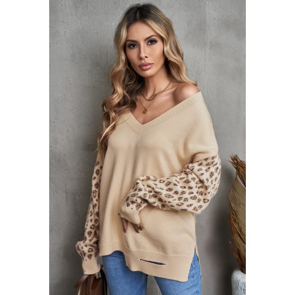 Leopard Raglan Sleeve V Neck Pullover Sweater